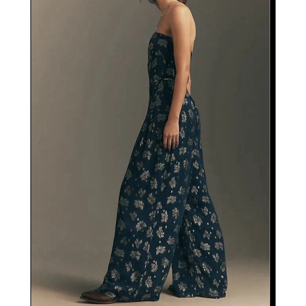 ANTHROPOLOGIE Size 8 Navy Gold Strapless Shine Wide Leg Jumpsuit